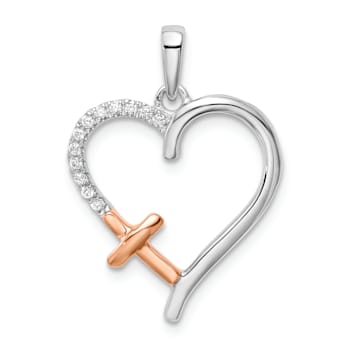 14K White and Rose Gold Heart with Cross Diamond Pendant