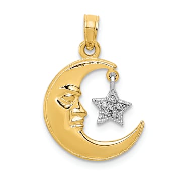 14k Two-tone Gold  Polished and Textured Moveable Half Moon and Star Pendant