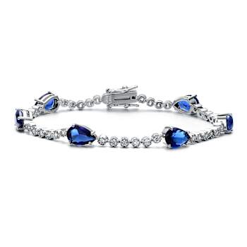 Sapphire Color CZ Pear Shape Tennis Bracelet In White Rhodium Over Brass