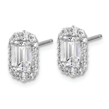 Rhodium Over Sterling Silver Emerald-cut Cubic Zirconia Halo Post Earrings
