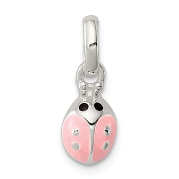 Sterling Silver Polished Pink and Black Enameled Ladybug Children's Pendant