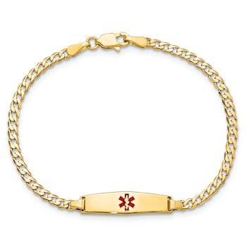 14k Yellow Gold Medical Soft Diamond Shape Red Enamel Curb Link ID Bracelet