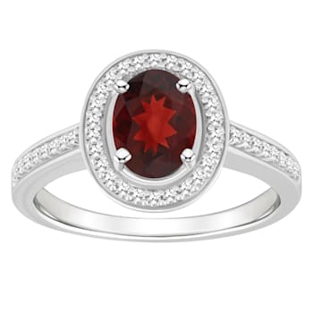 8x6mm Oval Garnet 1/5 ctw Diamond Rhodium Over Sterling Silver Halo Ring