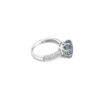 10mm Round Aquamarine and White CZ Rhodium Over Sterling Silver Ring, 3.62ctw