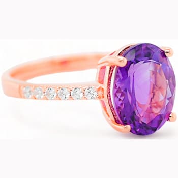 11x9mm Oval Amethyst and White CZ 18K Rose Gold Over Sterling Silver
Ring, 3.11ctw