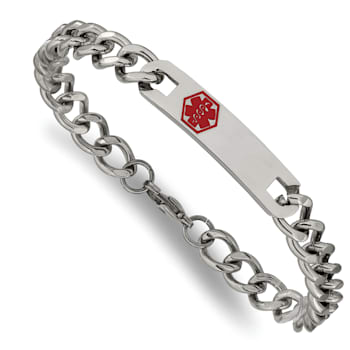 Stainless Steel Polished with Red Enamel 9.5-inch Medical ID Bracelet