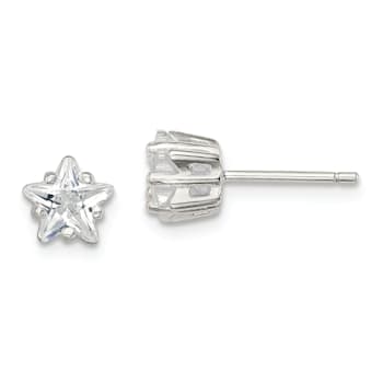Sterling Silver Polished 6mm Star Basket Set CZ Stud Earrings