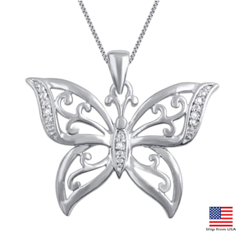 White Diamond Accent Rhodium Over Brass 3 Piece Heart And Butterfly
Pendant And Earring Set
