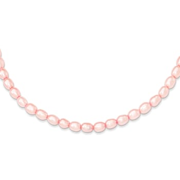 Rhodium Over Sterling Silver 4-5mm Pink Rice FWC Pearl Children's Necklace