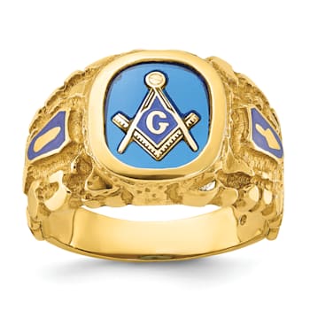 10K Yellow Gold Men's Nugget Texture and Lab Created Sapphire Masonic Ring