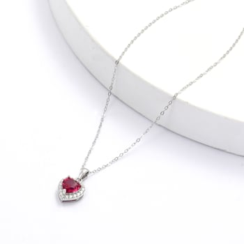 Red Lab Created Ruby With Moissanite Accents Rhodium Over Silver Heart Pendant