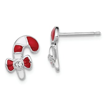 Rhodium Over Sterling Silver Enamel and Crystal Candy Cane Earrings