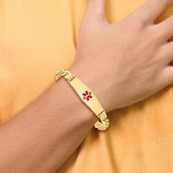 14k Yellow Gold Medical Soft Diamond Shape Red Enamel Flat Curb Link ID Bracelet