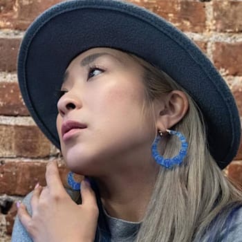 14K Yellow Gold Over Sterling Silver Bamboo Acrylic Hoops in Blueberry