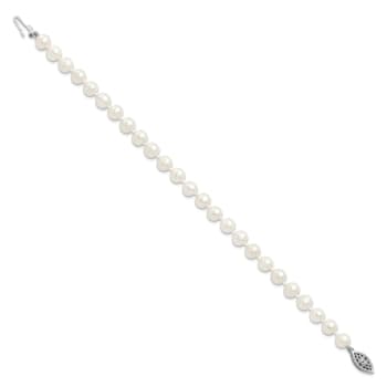 Rhodium Over Sterling Silver 6-7mm White Freshwater Cultured Pearl Bracelet