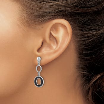 Rhodium Over Sterling Silver Polished Black Circle Post Dangle Earrings