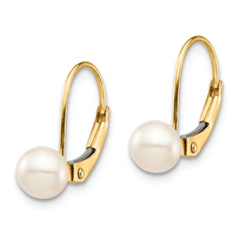 14K Yellow Gold 5-6mm White Round Freshwater Cultured Pearl Leverback Earrings