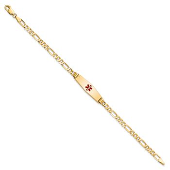 14k Yellow Gold Medical Soft Diamond Shape Red Enamel Figaro ID Bracelet