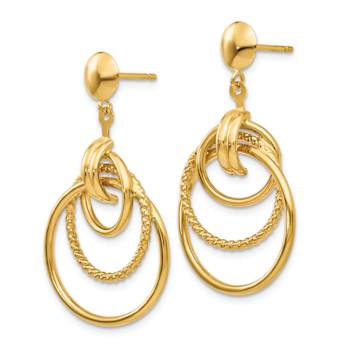 14k Yellow Gold Polished and Textured Intertwined Circle Dangle Earrings