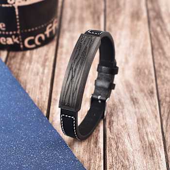 Mens Stainless Steel, Black Leather and Carbon Fiber Bar Bracelet