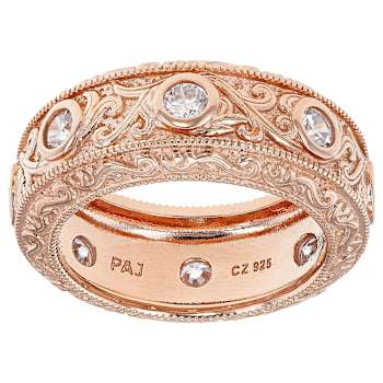 Filigree Design CZ Eternity Band Ring In 18K Rose Gold Over Sterling Silver