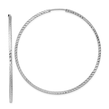 Rhodium Over 14k White Gold 2 3/16" Diamond-Cut Square Tube Hoop Earrings