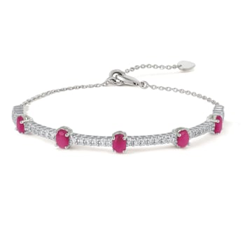 Oval Ruby and White Zircon Sterling Silver Bolo Bracelet