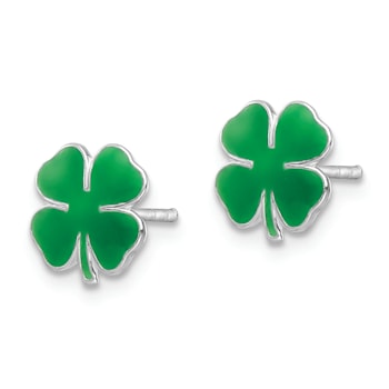 Rhodium Over Sterling Silver Enamel 4 Leaf Clover Children's Post Earrings