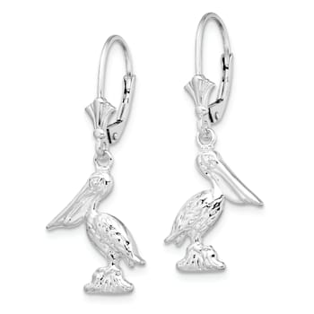 Rhodium Over Sterling Silver Polished 3D Small Pelican Leverback Earrings