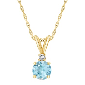 5mm Round Aquamarine with Diamond Accent 14k Yellow Gold Pendant With Chain