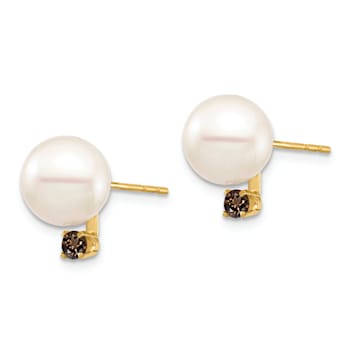 14K Yellow Gold 8-8.5mm White Round Freshwater Cultured Pearl Smoky
Quartz Post Earring
