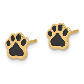14k Yellow Gold Polished Paw with Black Enamel Stud Earrings
