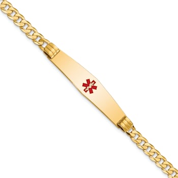 14k Yellow Gold Medical Soft Diamond Shape Red Enamel Curb Link ID Bracelet