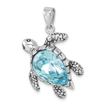 Rhodium Over Sterling Silver Antiqued Blue Crystal Turtle Pendant