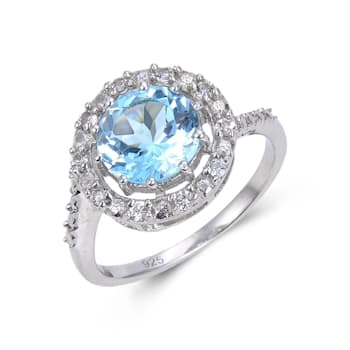 Blue and White Topaz Sterling Silver Halo Ring, 2.94ctw