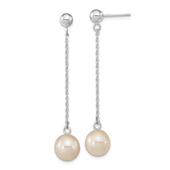 Rhodium Over 14K White Gold 7-8mm White Round Freshwater Cultured Pearl
Dangle Post Earrings