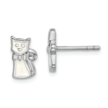 Rhodium Over Sterling Silver White Enamel Cat Children's Post Earrings