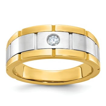 10K Two-tone Yellow and White Gold Men's Polished, Satin and Grooved
Diamond Ring 0.10ct