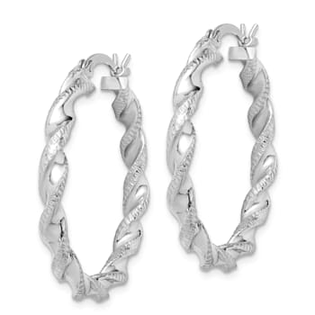 Rhodium Over Sterling Silver Twisted 3.5x30mm Hoop Earrings