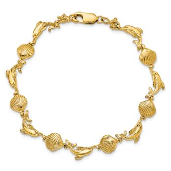 14k Yellow Gold Textured Dolphin and Shell Link Bracelet