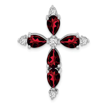 Rhodium Over 14k White Gold Garnet and Diamond Cross Chain Slide Pendant