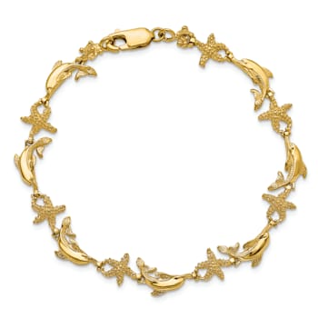 14k Yellow Gold Textured Dolphin and Starfish Link Bracelet