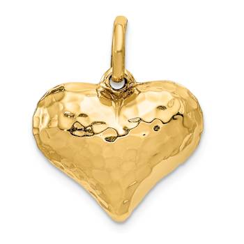 14k Yellow Gold Polished and Hammered 3D Heart Pendant