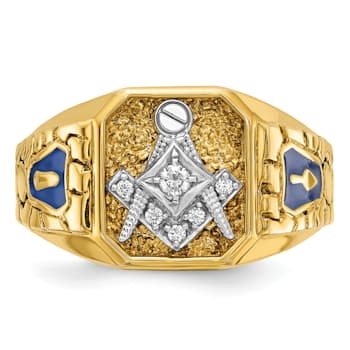 10K Two-tone Yellow and White Gold Textured and Enamel Diamond Blue
Lodge Masonic Ring 0.1ctw