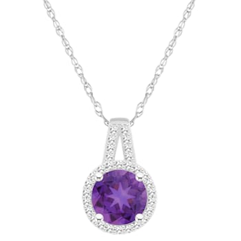7mm Round Amethyst 1/7 ctw Diamond Rhodium Over Sterling Silver Halo
Pendant with Chain