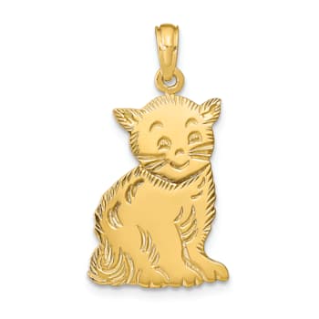 14k Yellow Gold Polished and Textured Cat Pendant