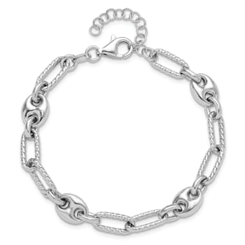 Rhodium Over Sterling Silver 7-inch with 1-inch Extension Fancy Link Bracelet