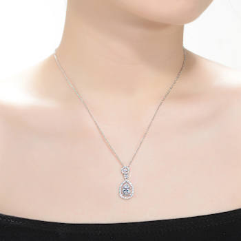 Pear Shape CZ Halo Drop Necklace In Sterling Silver