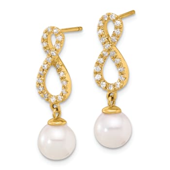14K YG 7-8mm Round White Akoya Cultured Pearl and 0.40 cttw Diamond
Infinity Post Dangle Earrings