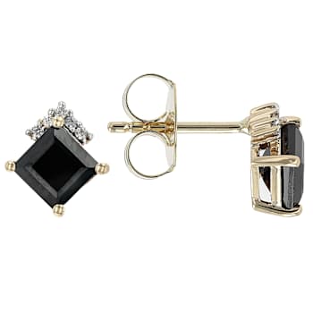 Black Spinel And White Zircon Stud Earrings In Solid 10K Yellow Gold 1.66ctw